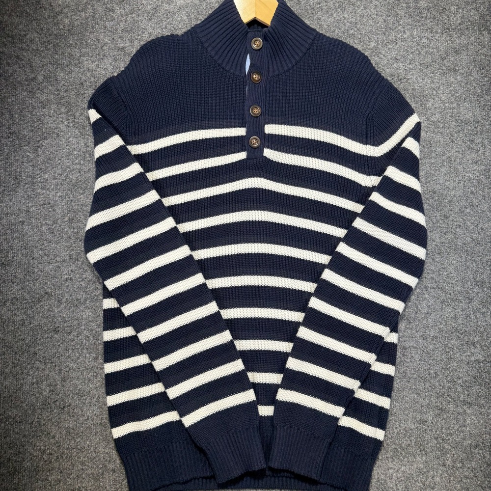 Collars & Co Striped Quarter Button Sweater Mens XL Navy White Pure Cotton
